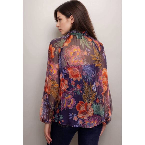 Johnny Was Jade Octavia Floral Silk Blouse Womens Large Oriental Semi Sheer - Picture 3 of 16